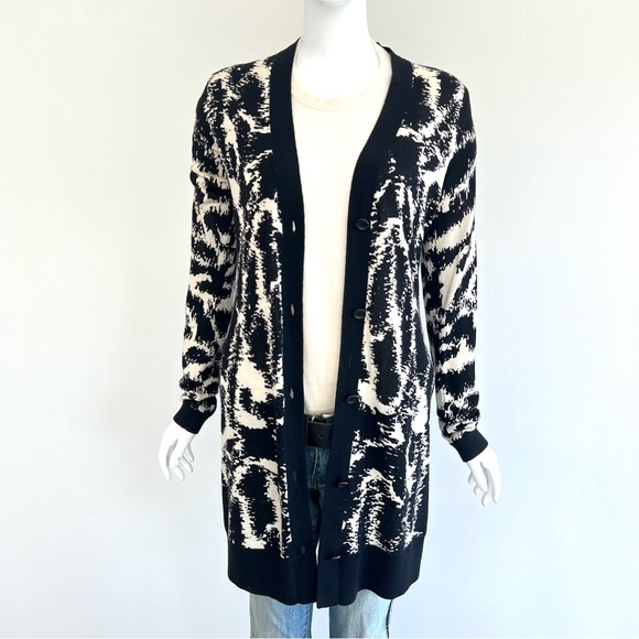 DIANE VON FURSTENBERG Abstract Black Cream Knit Wool Button Long Cardigan Sz S - Picture 5 of 15